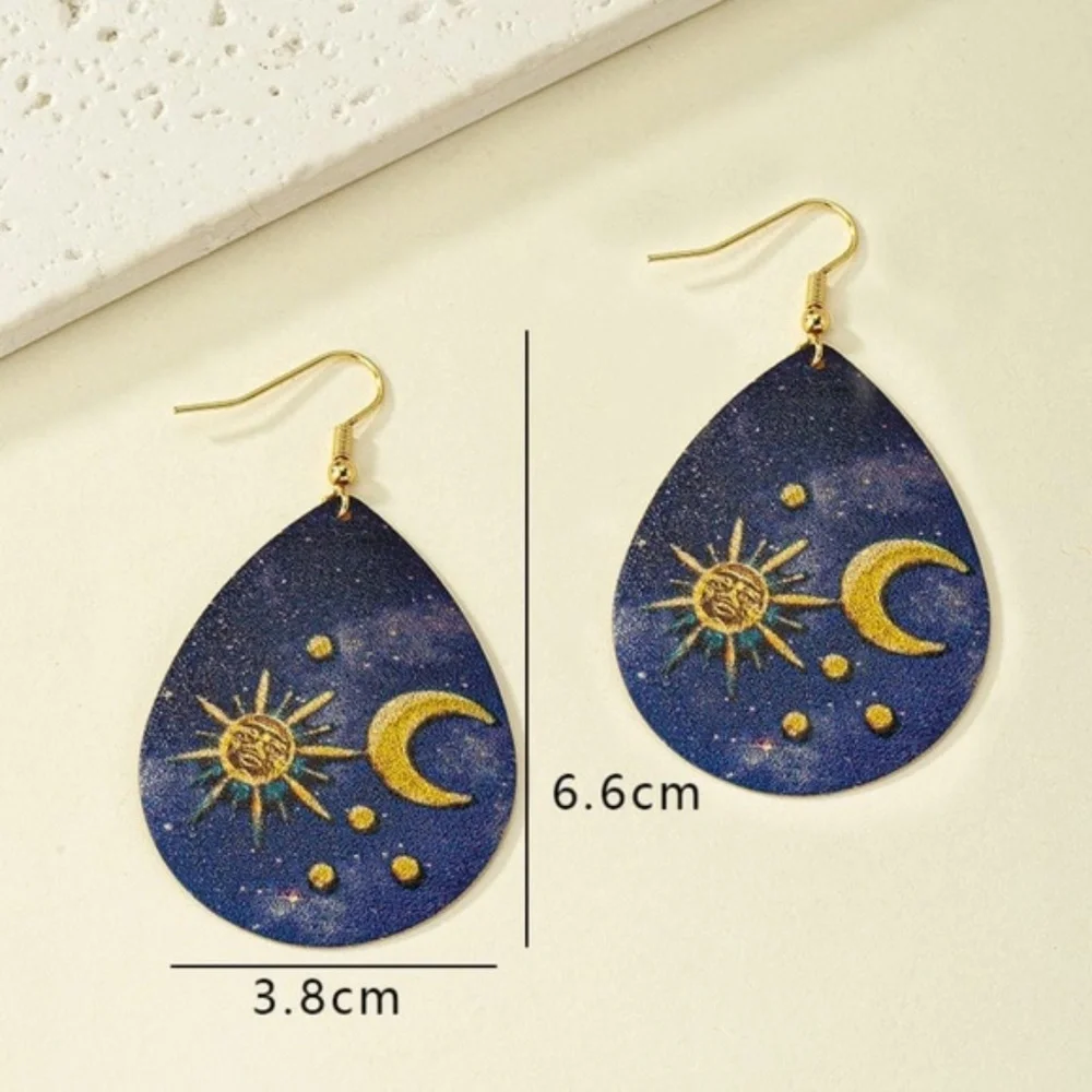 Womens Teardrop Sun Moon Blue Gold Tone‎ Earrings